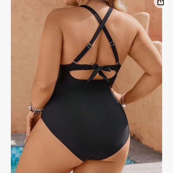 Women's 2XL One Piece Swimsuit Contrast Lace V Neck Monokini Bathing Suit - Picture 2 of 2